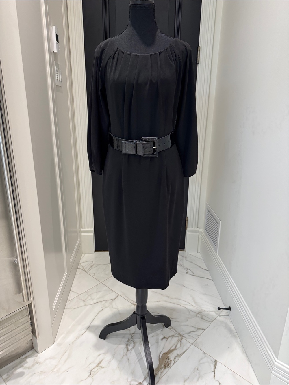 MARELLA Black Pleated-Neck Belted Midi Dress